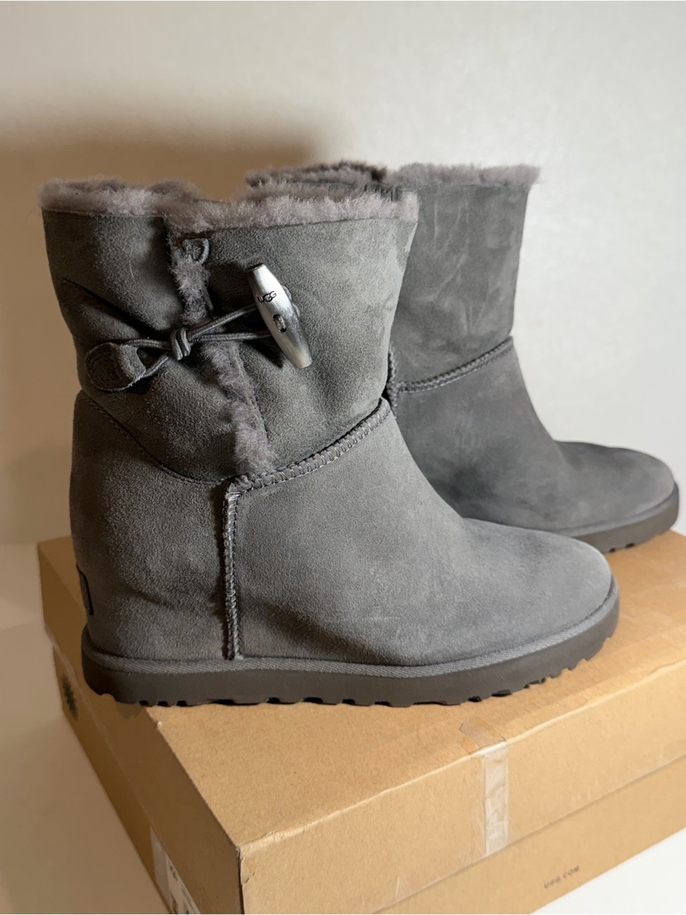 UGG Gray Suede Shearling Ankle Booties